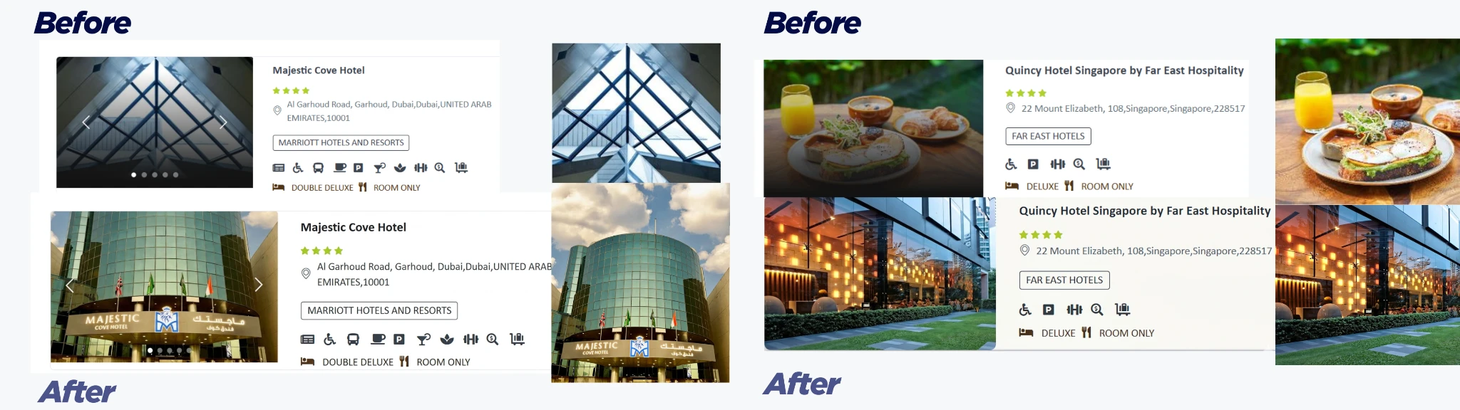 Before and After hero image correction, Majestic Cove Hotel (Dubai) and Quincy Hotel Singapore