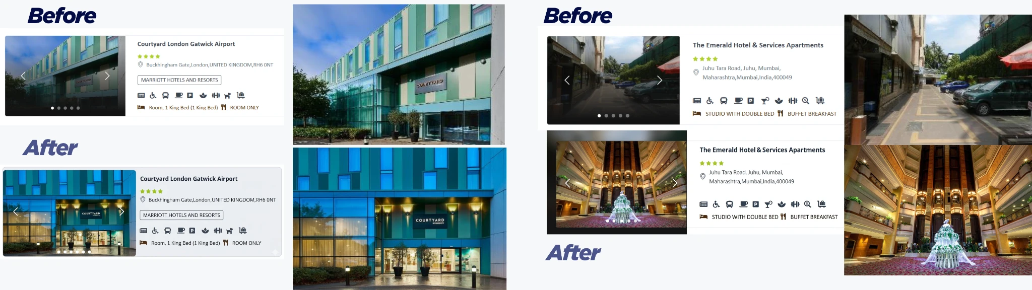 Before and After hero image correction, Courtyard London Gatwick Airport and The Emerald Hotel Mumbai